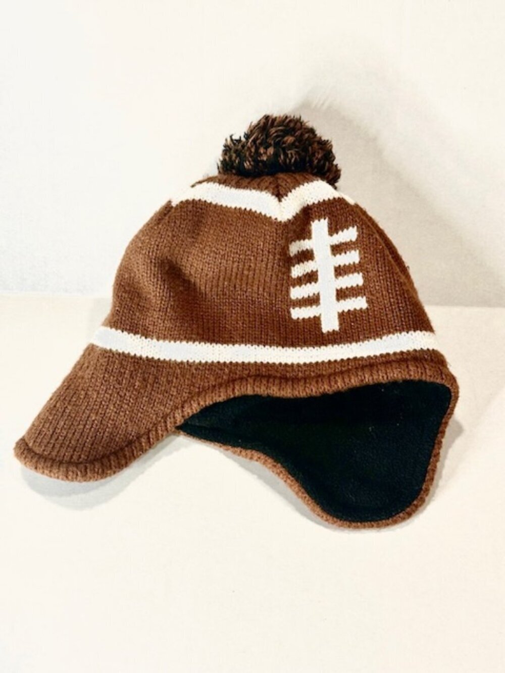 Carter's Baby Beanie Football Design Sports Pompom Lining Brown White Size 2t-4t
